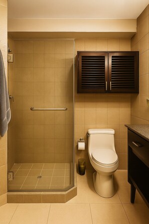 Hair dryer, soap, toilet paper