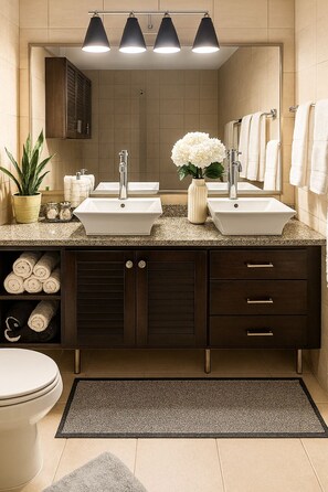 Hair dryer, soap, toilet paper