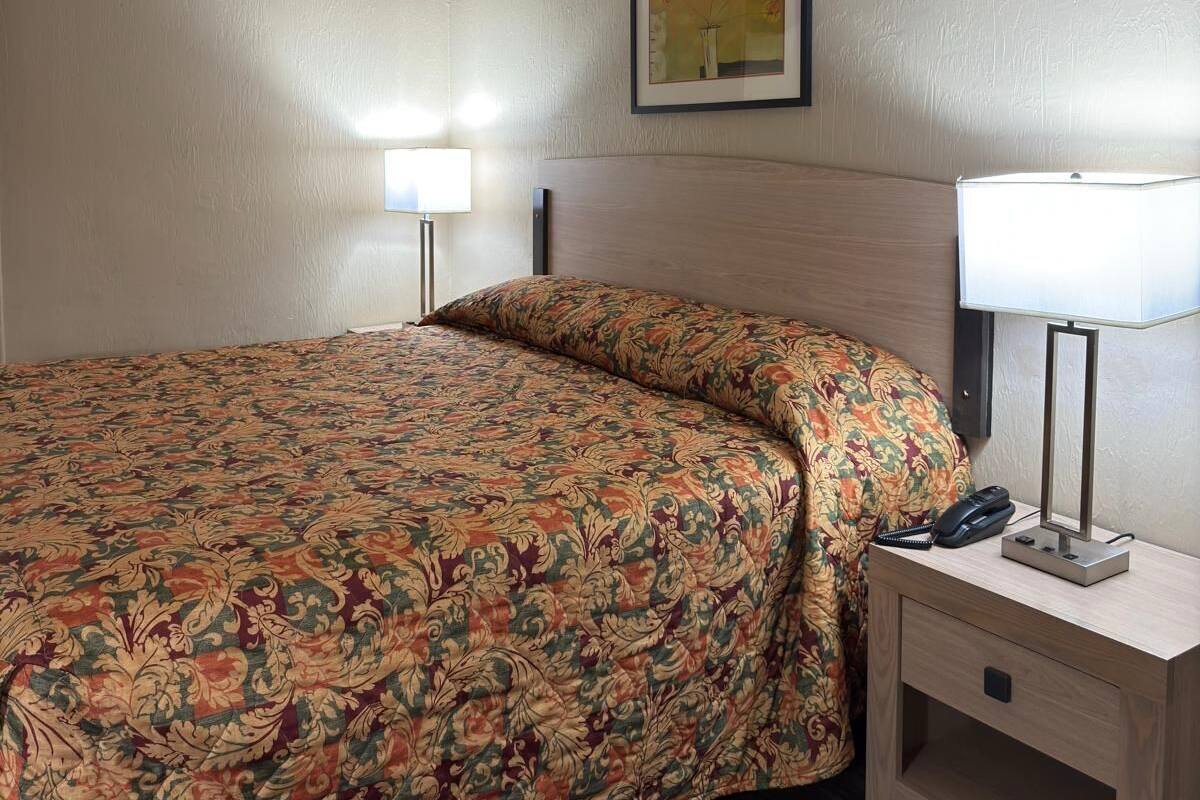 Una habitación de hotel con cama, mesita de noche, lámpara y un cuadro en la pared.