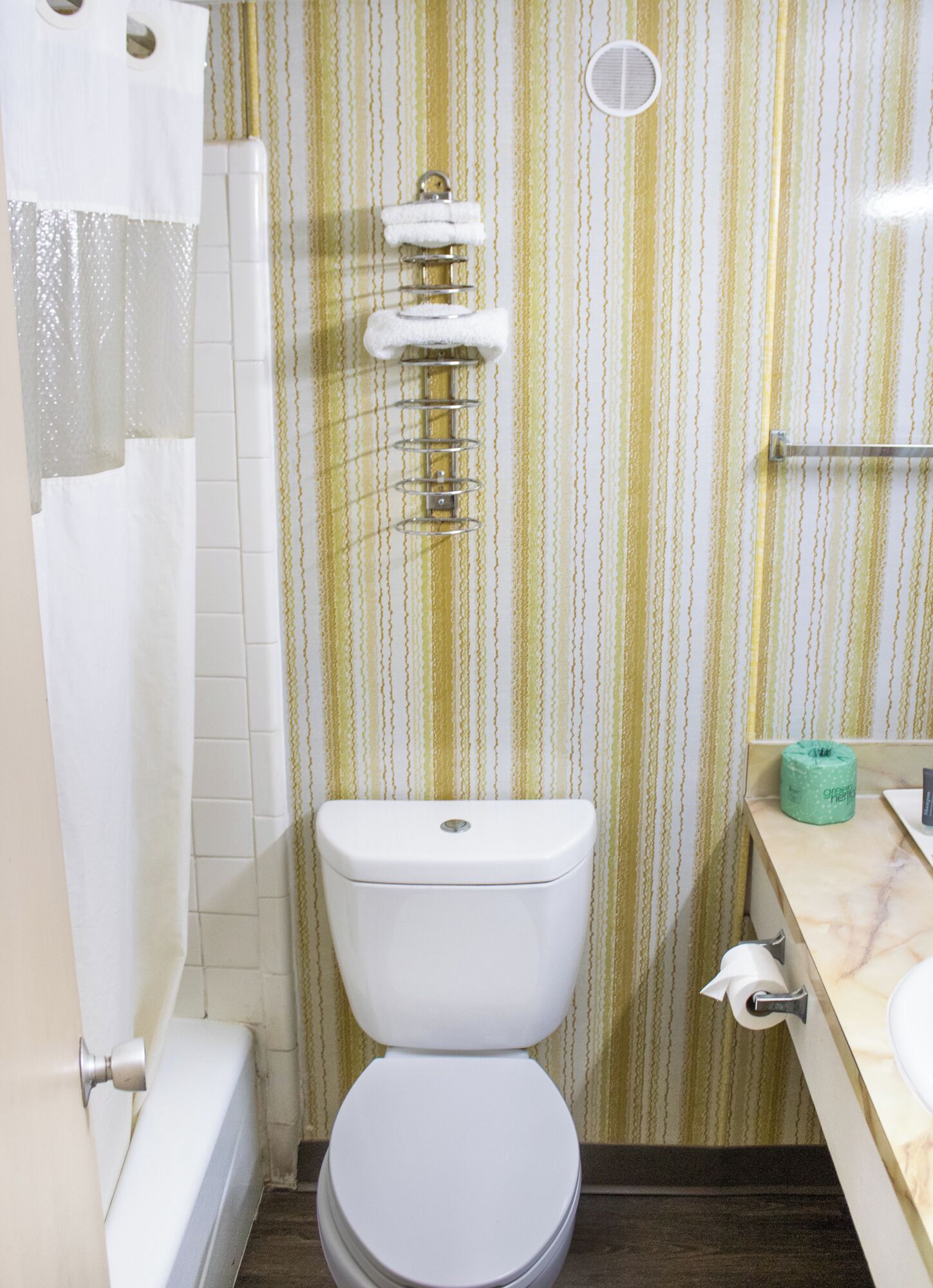 A bathroom with a toilet, a shower curtain, a toilet paper holder, and a towel rack.