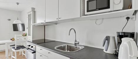 A modern kitchen with white cabinetry, a stainless steel sink, a microwave, a kettle, and a coffee maker.
