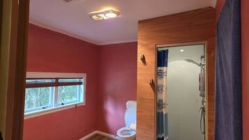 Hair dryer, towels, soap, toilet paper