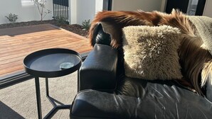 A modern outdoor seating area with a black leather sofa, a round table, and a view of a backyard with a wooden deck and a white wall. - 
The Park 
Modern,sun-filled two-bedroom townhouse, with free off-street parking (Christchurch)
