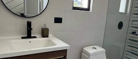 A modern bathroom with a white sink, a toilet, and a glass shower enclosure.