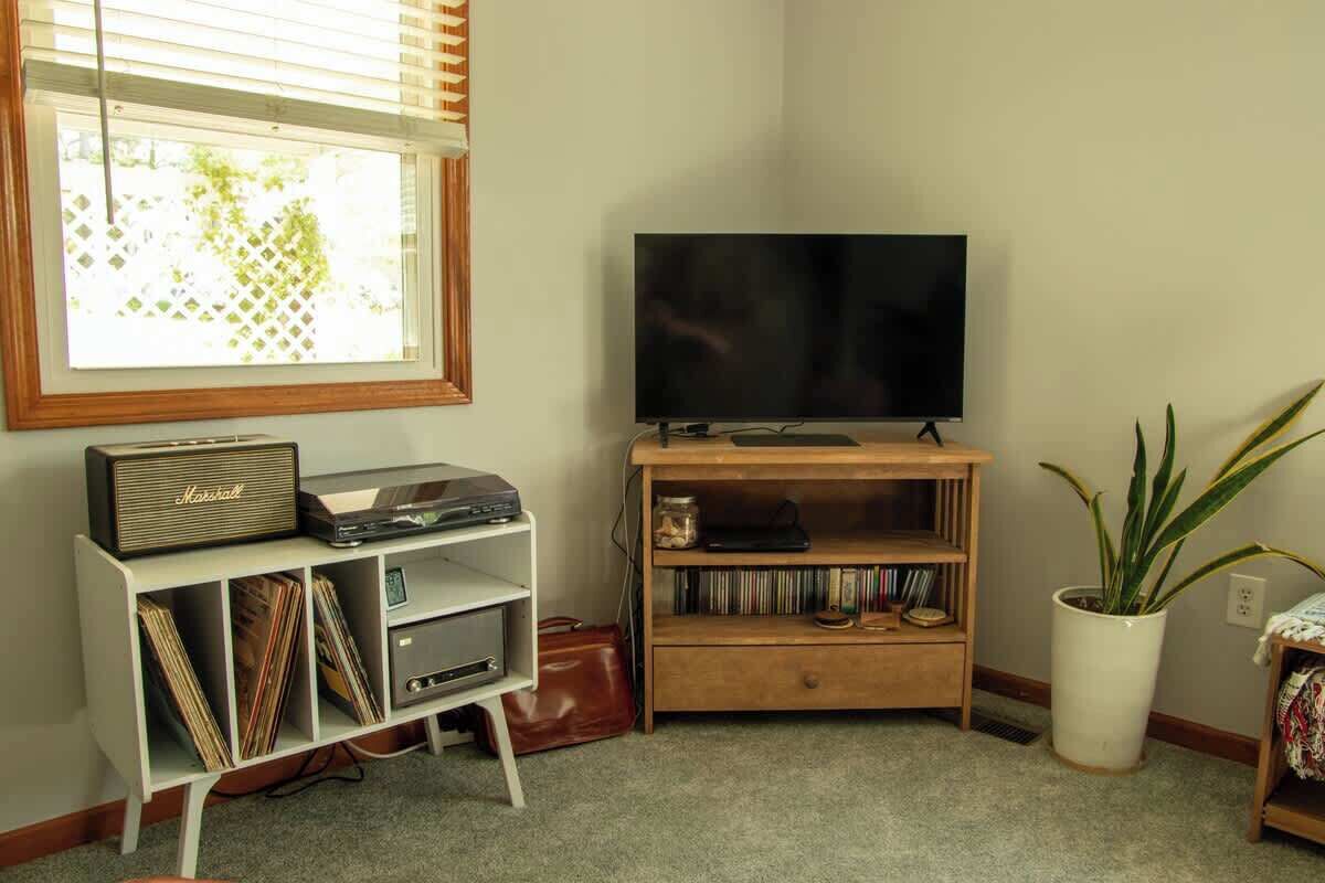 A living room with a television on a wooden stand, a white shelf with records and a vintage radio, and a potted plant.