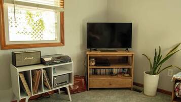 A living room with a television on a wooden stand, a white shelf with records and a vintage radio, and a potted plant.