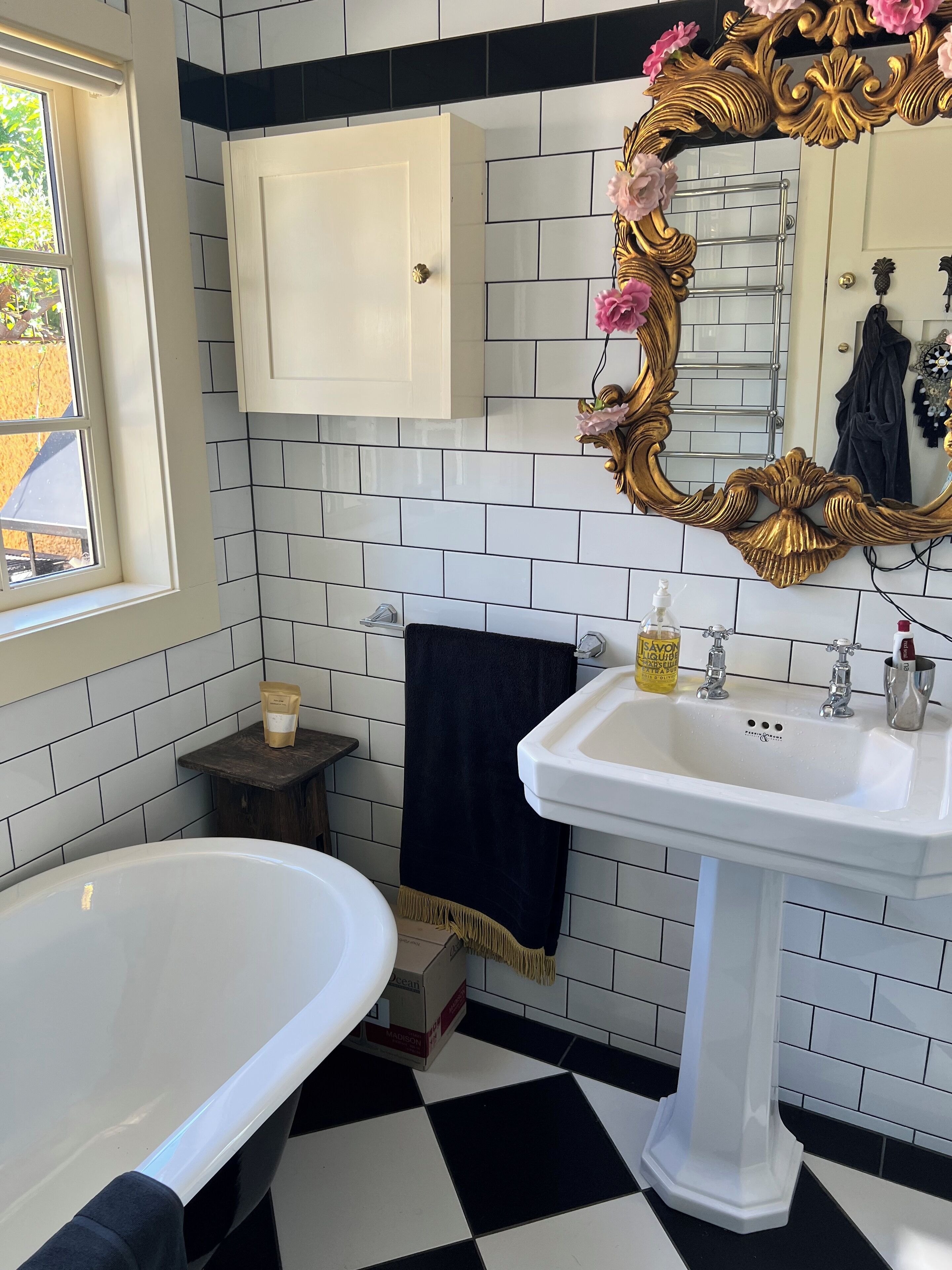 Shower, towels, soap, toilet paper