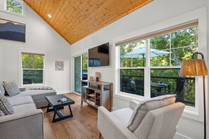 Smart TV, fireplace, table football, books