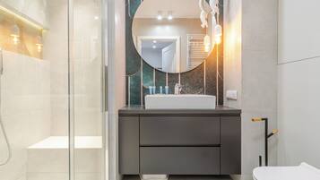 Shower, hair dryer, towels