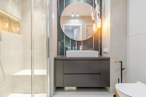 Shower, hair dryer, towels