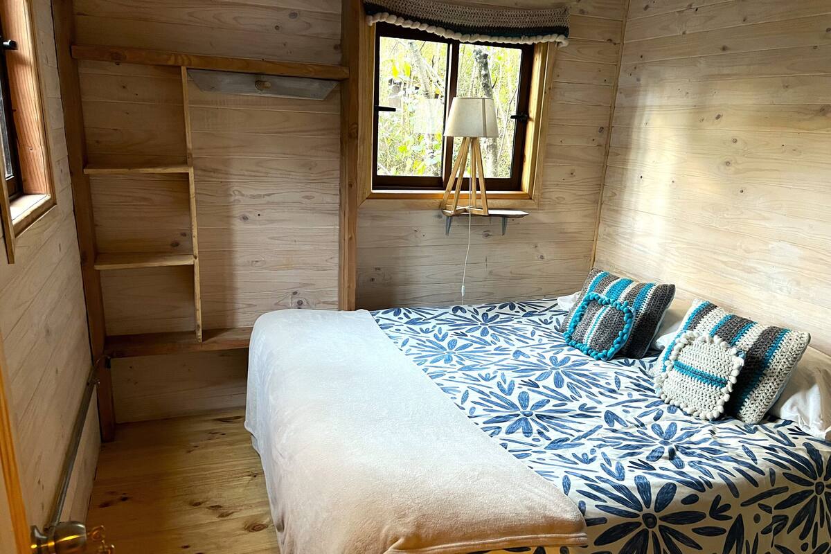 A wooden room with a bed, a window with a view, and a door.