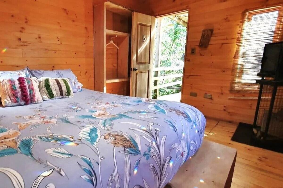 A wooden cabin bedroom with a bed, a wooden door, and a television.