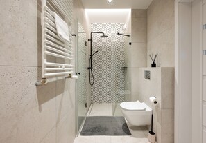 Shower, hair dryer, towels