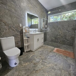 Dusche, Haartrockner, Handtücher, Seife