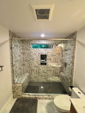 Hair dryer, towels, soap, shampoo