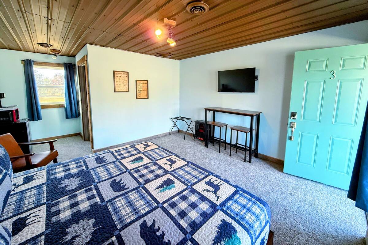 A bedroom with a bed, a desk, a TV, and a door.