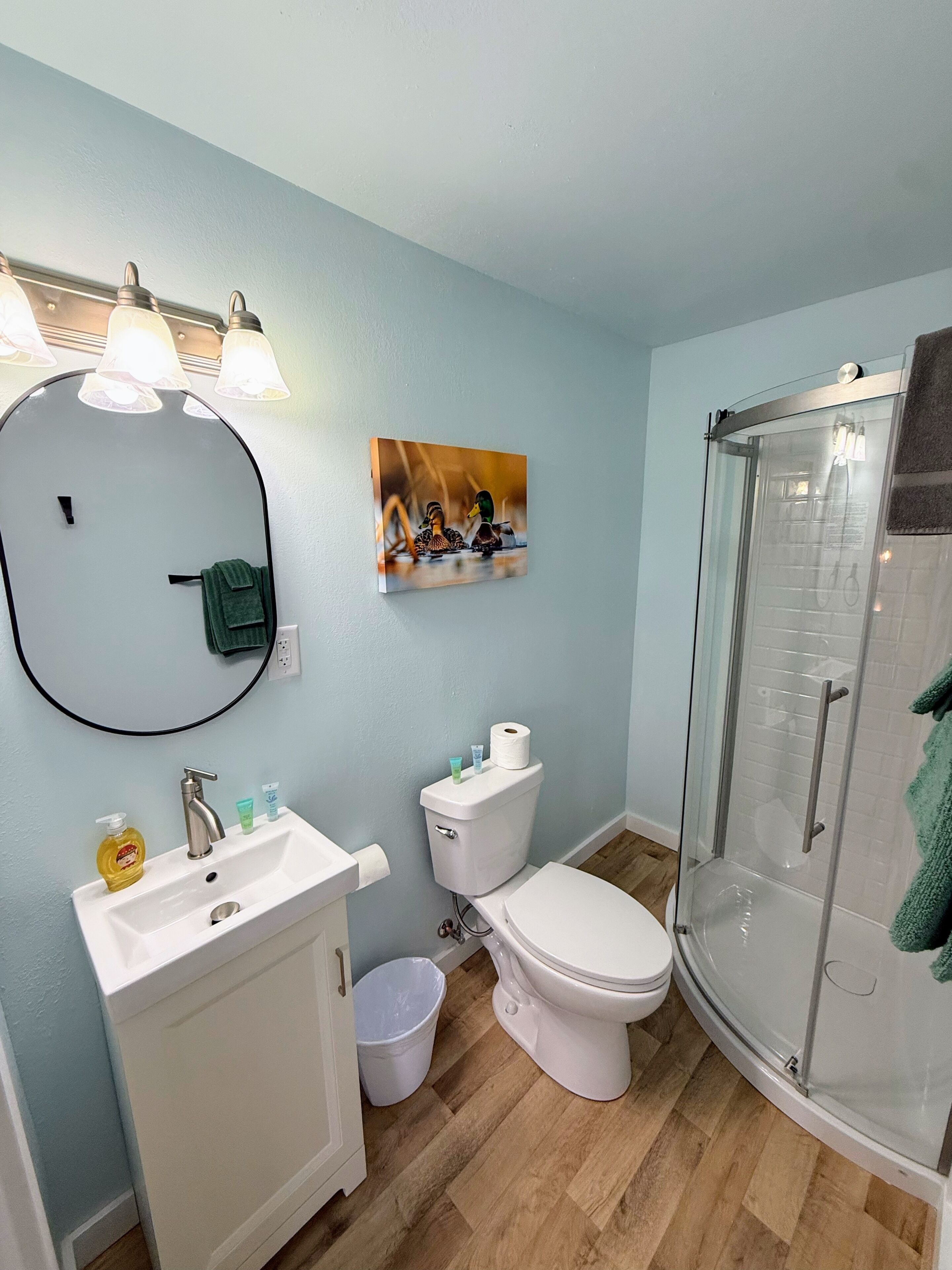 A bathroom with a sink, toilet, and shower.