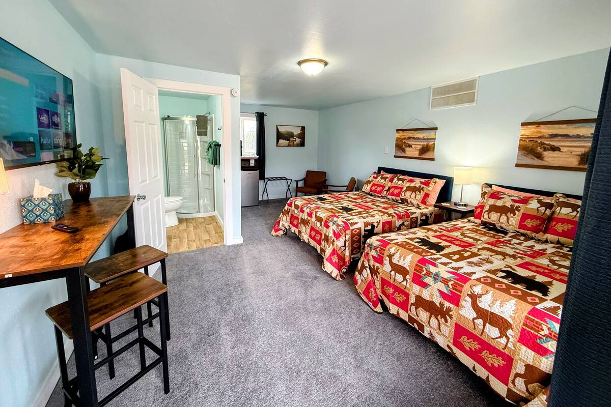 A room with a bed, a desk, a chair, a shower, and a small kitchenette.