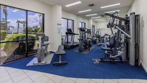 Un gimnasio con máquinas de cardio, equipo de levantamiento de pesas y una alfombra azul.