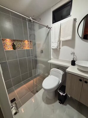 Secadora de cabello, toallas, papel de baño