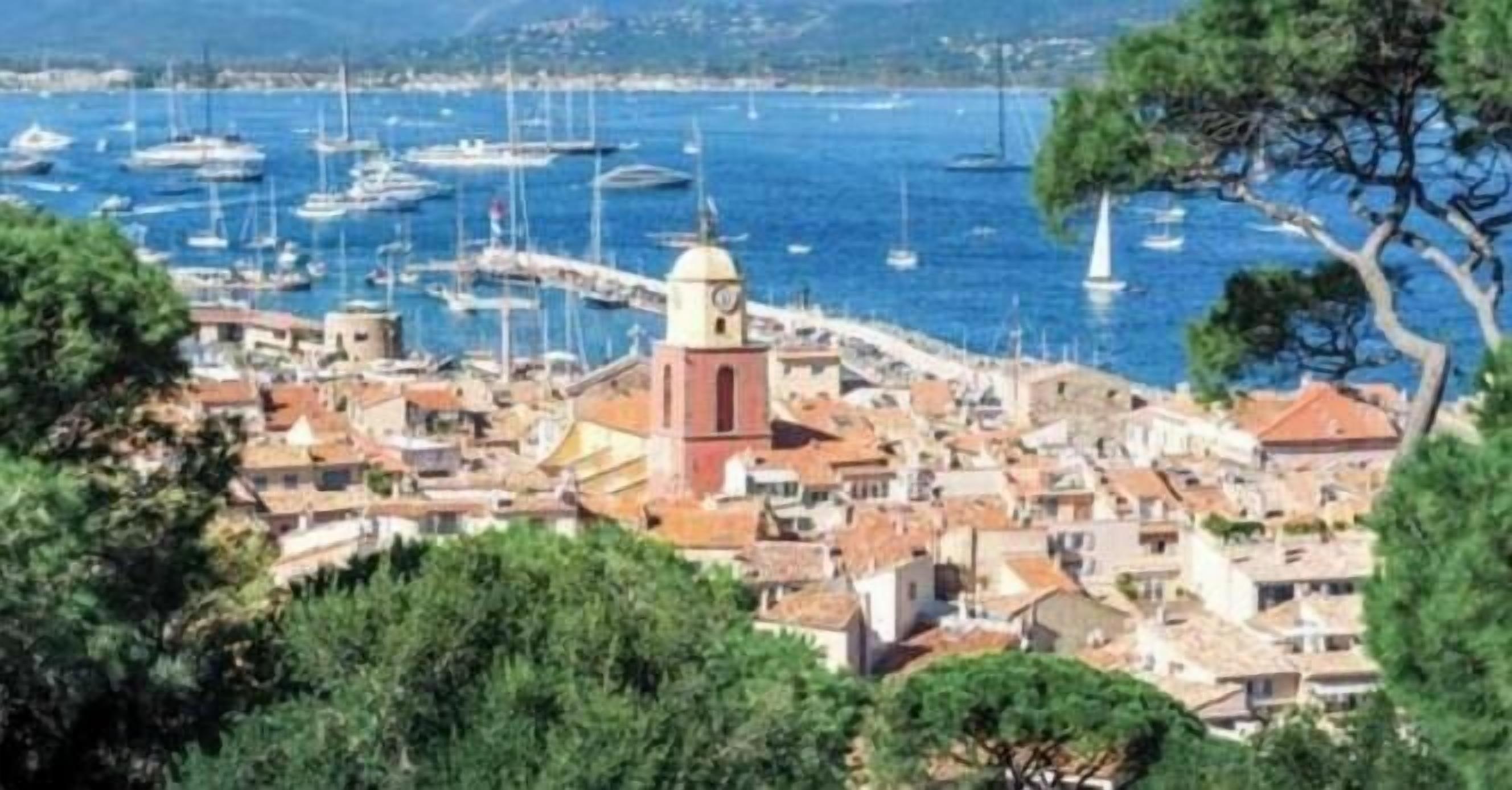 A coastal town with a prominent church, a marina with boats, and dense greenery.