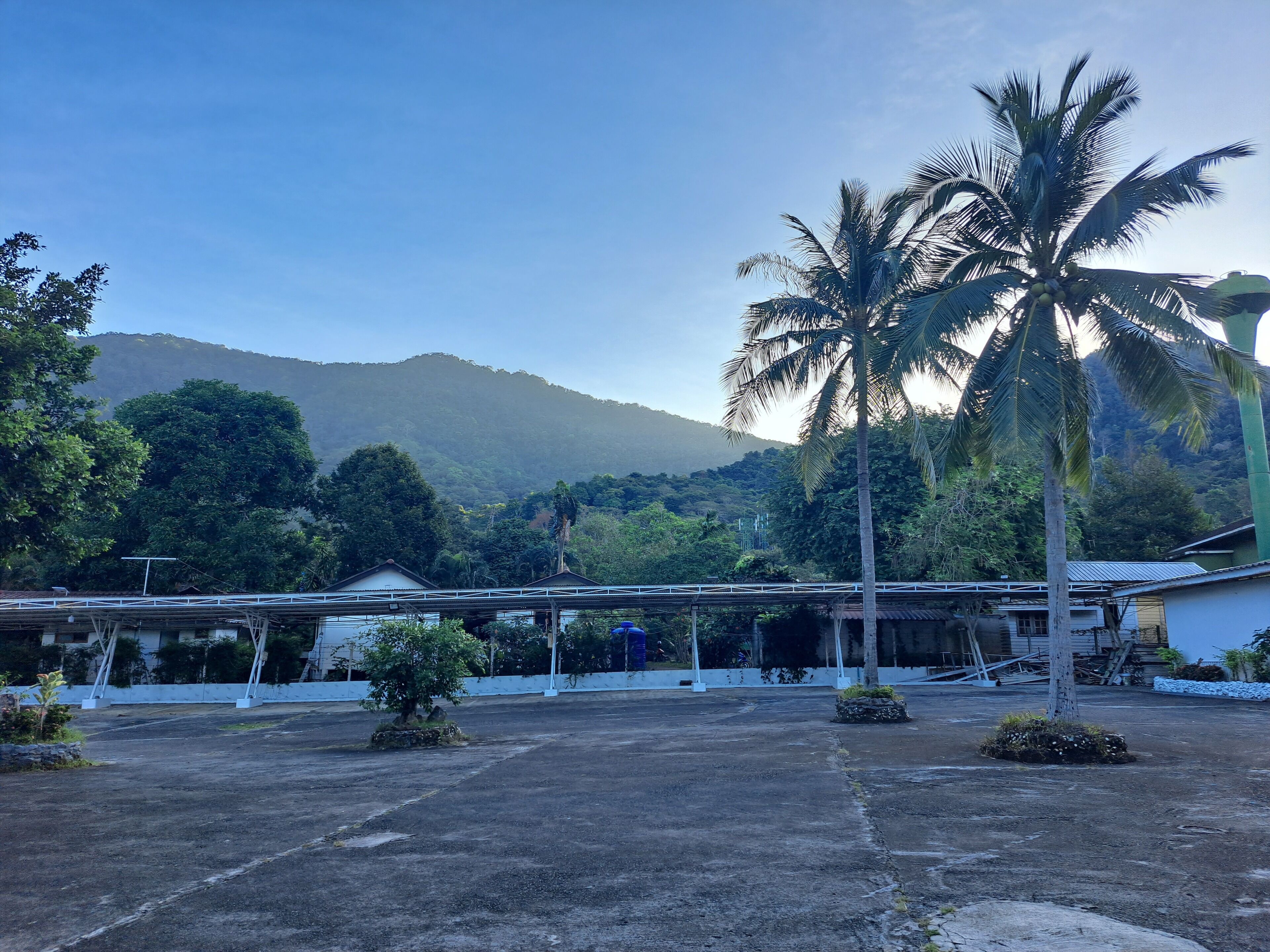 A spacious outdoor area with a covered walkway, palm trees, and a mountain backdrop.