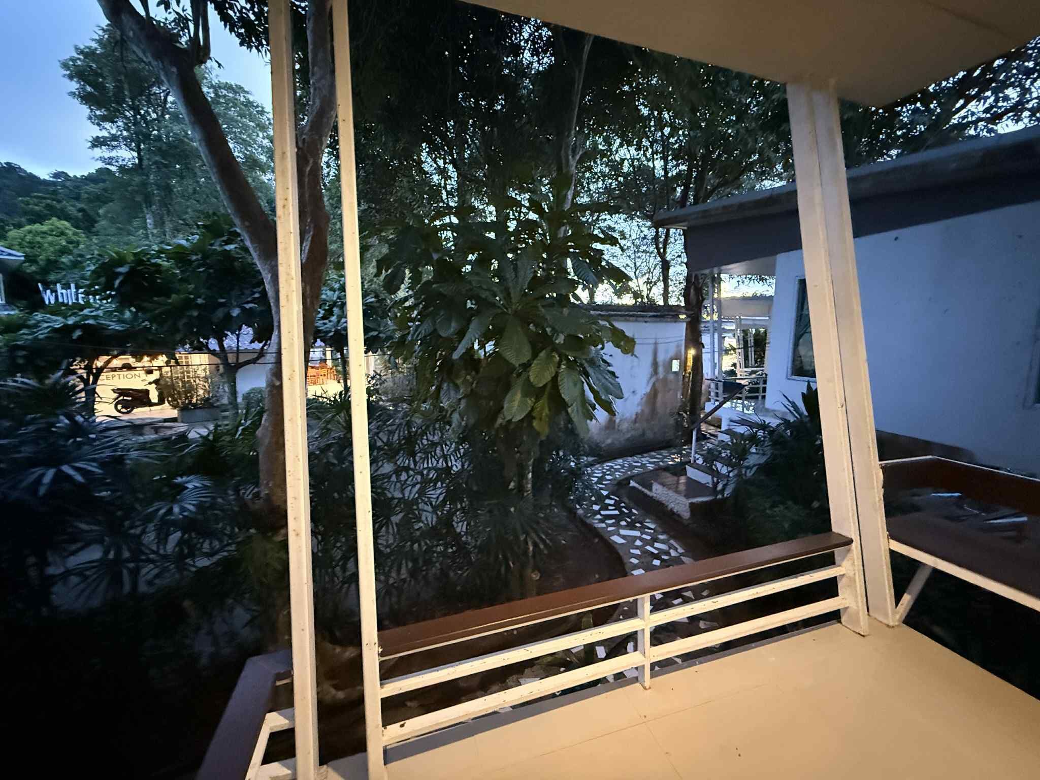 A covered outdoor area with a wooden bench, surrounded by lush greenery and a view of a building with a sign that reads "Reception".