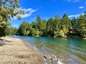 On the beach, sun-loungers
