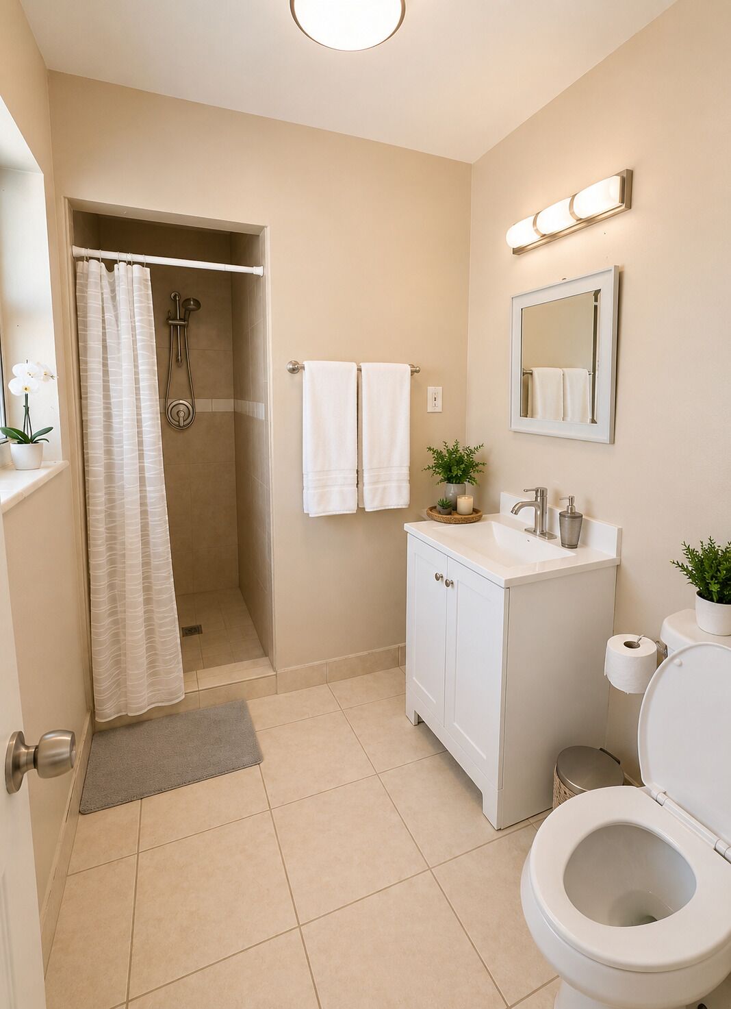 Shower, eco-friendly toiletries, hair dryer, towels