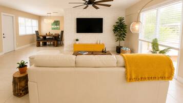Smart TV, fireplace, video games, DVD player