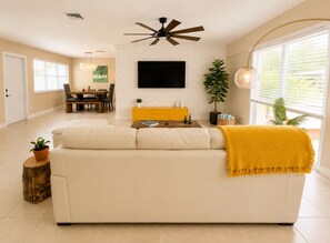 Smart TV, fireplace, video games, DVD player
