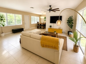 Smart TV, fireplace, video games, DVD player