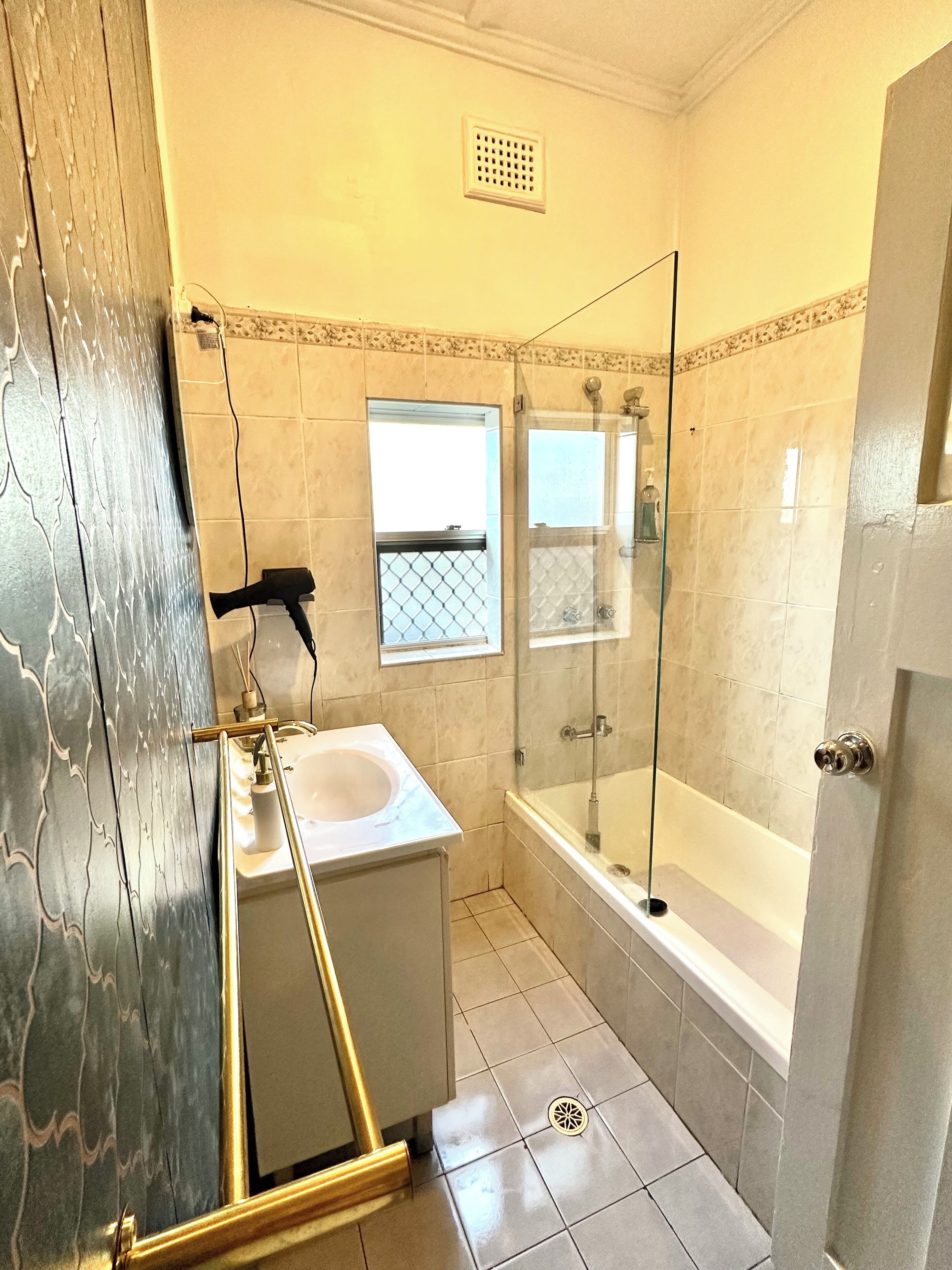 Hair dryer, towels, soap, toilet paper