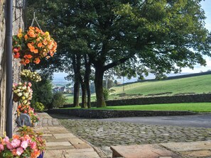 A cobblestone pathway leading to a stone wall, with hanging flowers and trees in the background.