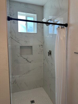 Hair dryer, towels, soap, toilet paper