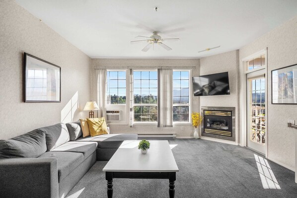 Televisio, takka, työhuone