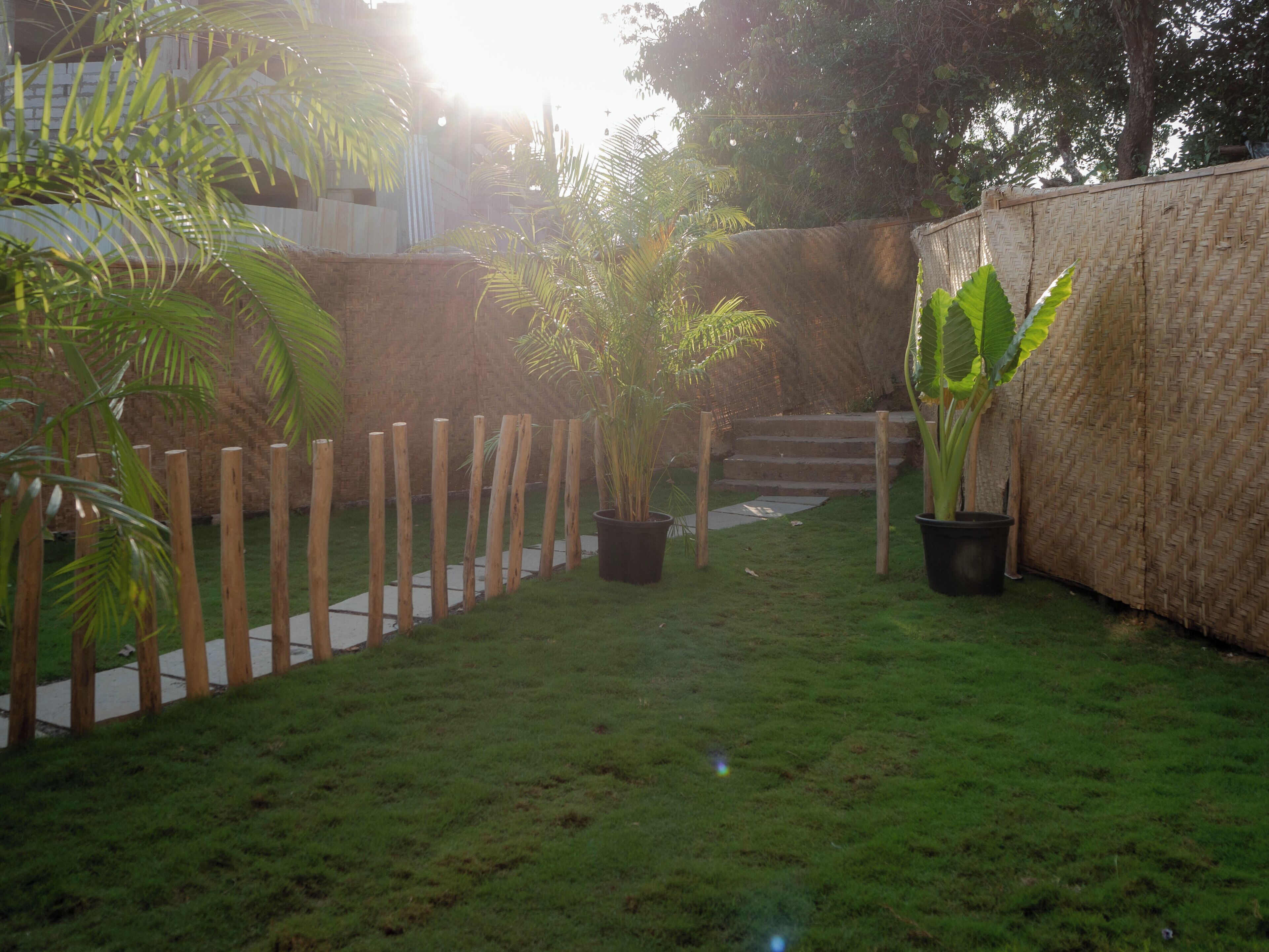A garden with a wooden fence, potted plants, and a stone pathway.
