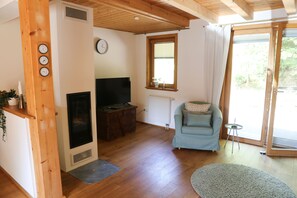 Tv, eldstad och en stereo