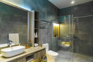 Douche, séchoir à cheveux, serviettes fournies, savon