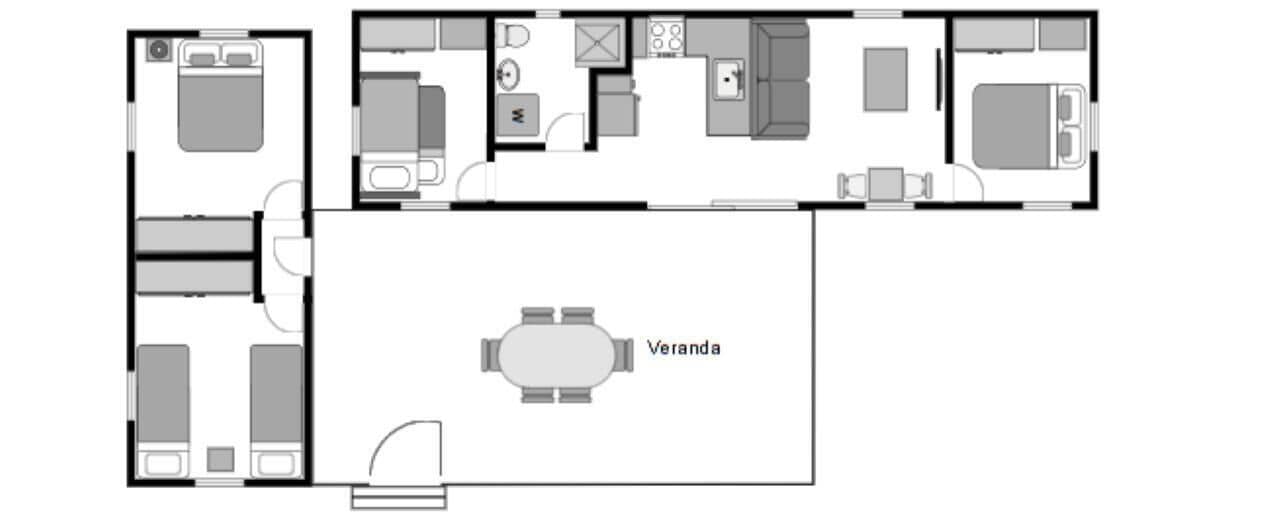 A floor plan of a hotel with a dining area, a kitchen, a bathroom, and a living room.