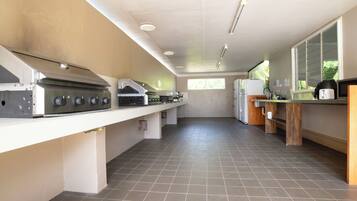 Fridge, microwave, cookware/dishes/utensils
