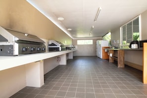 Fridge, microwave, cookware/dishes/utensils