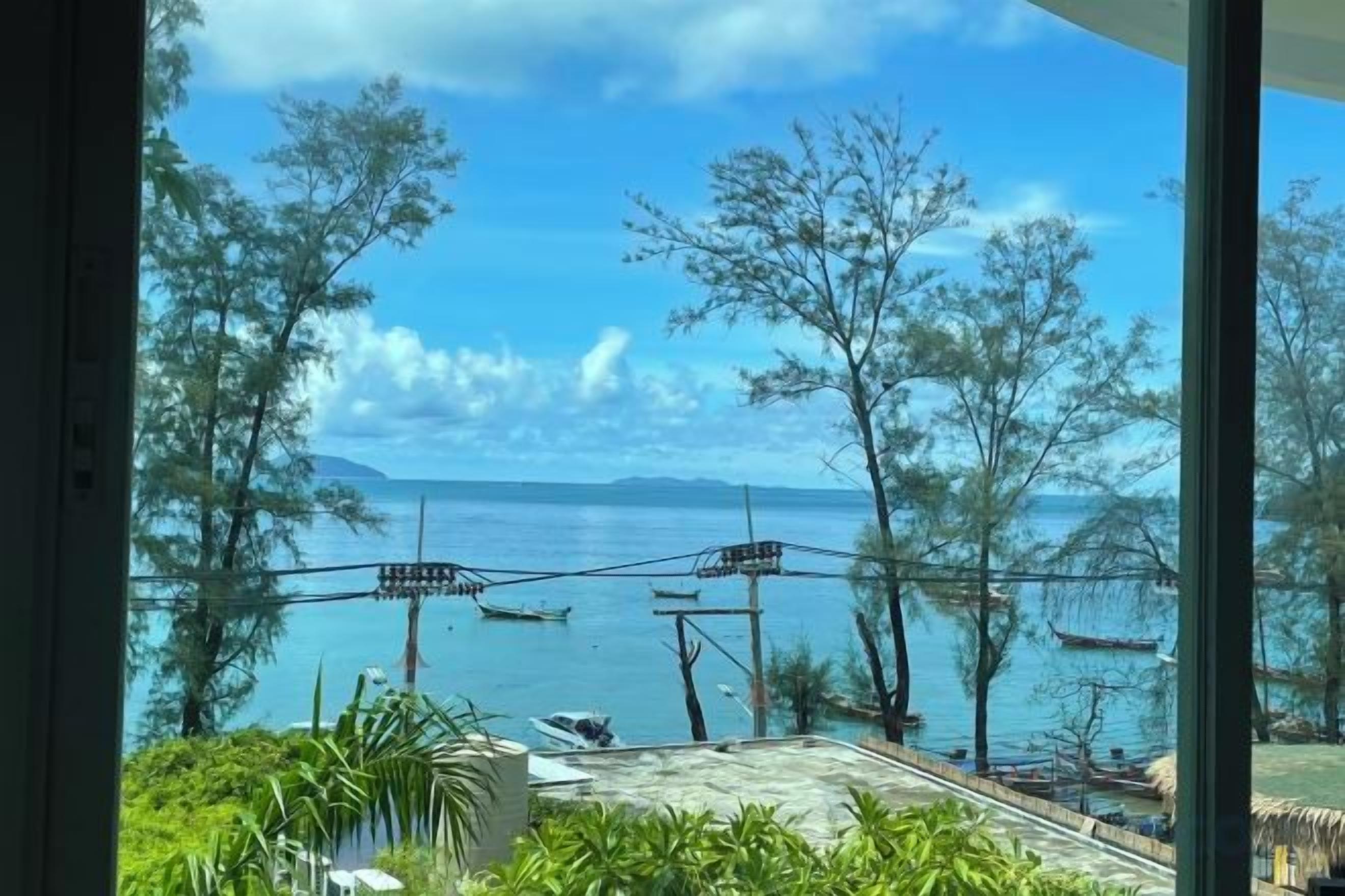 Une vue d’une zone côtière avec des bateaux, des arbres et un ciel dégagé.