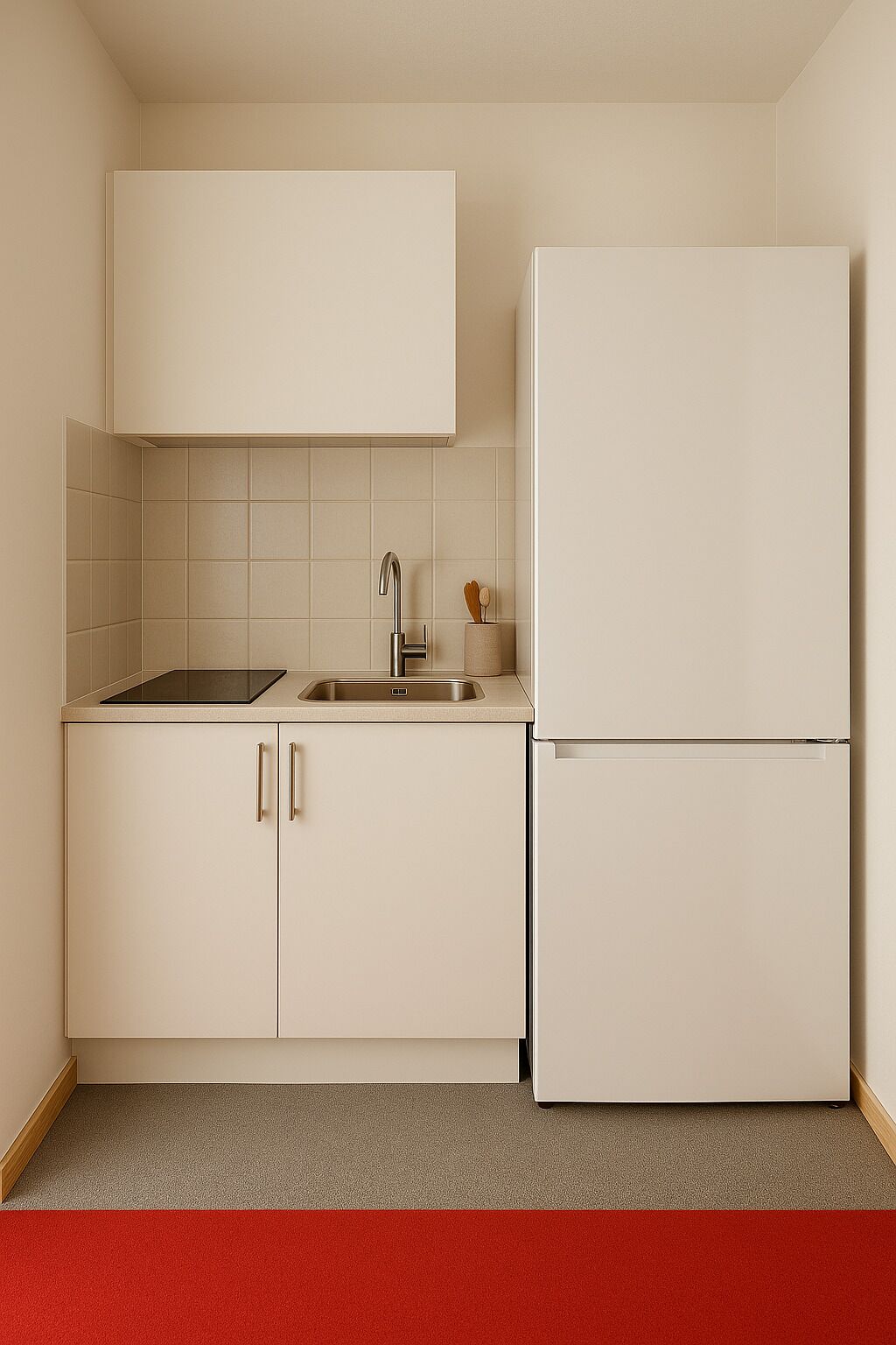 Grand réfrigérateur, micro-ondes, plaque de cuisson