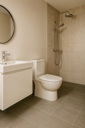 Shower, free toiletries, towels, soap