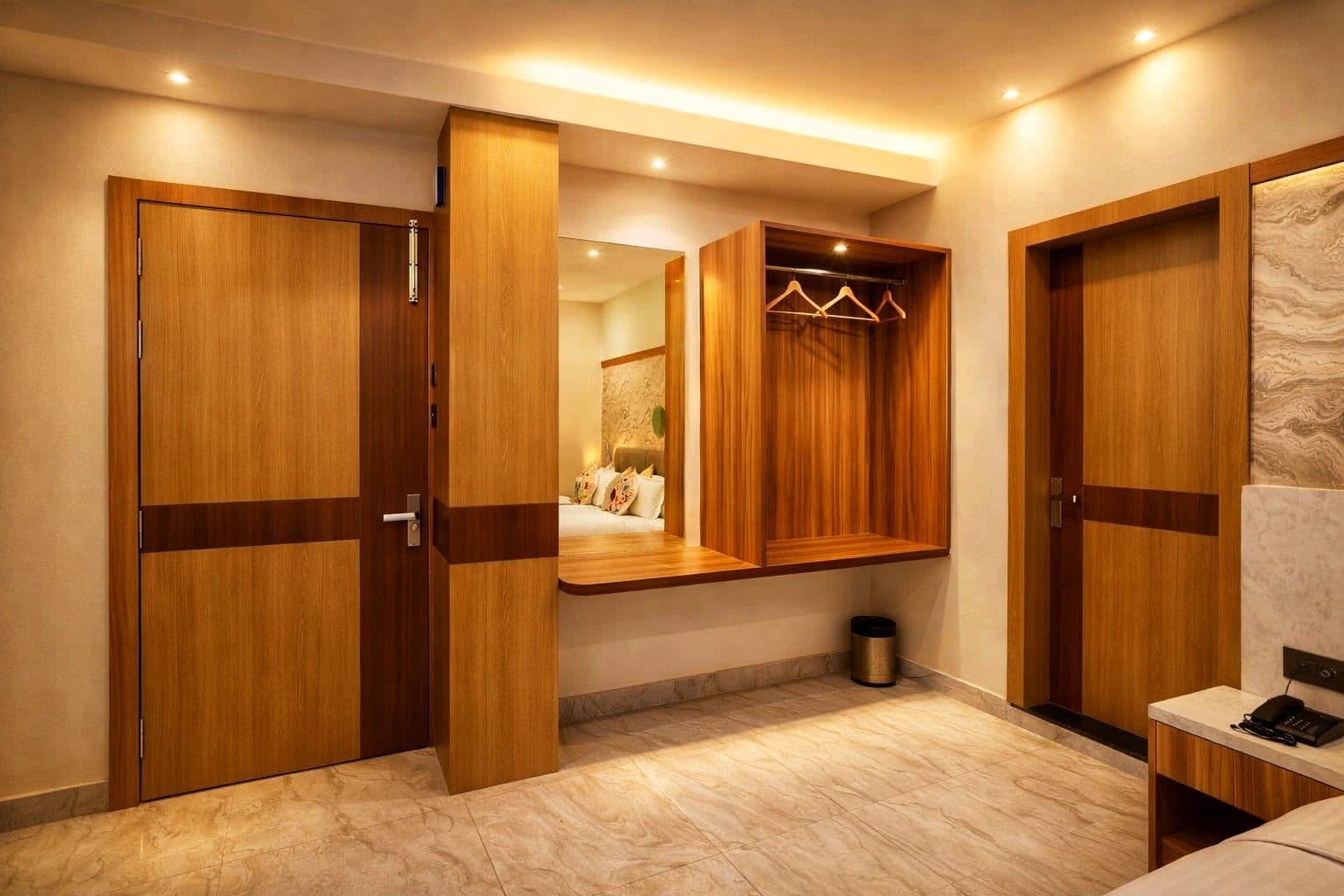 A modern bathroom with wooden cabinets, a vanity, and a mirror.