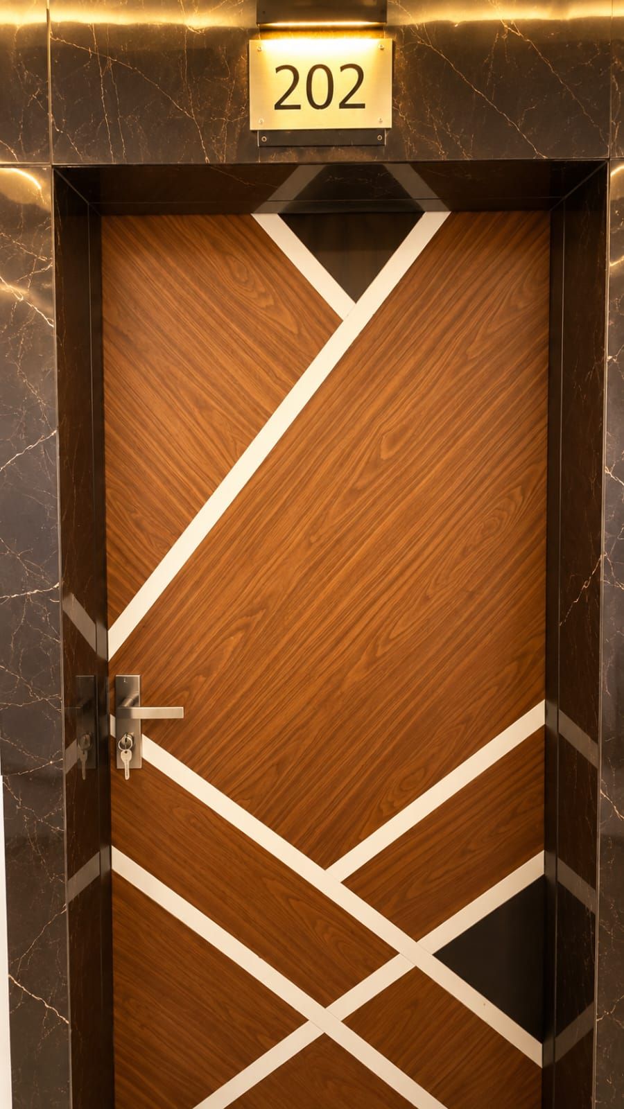 A hotel room door with a number plate indicating room 202, a keyhole, and a door handle.