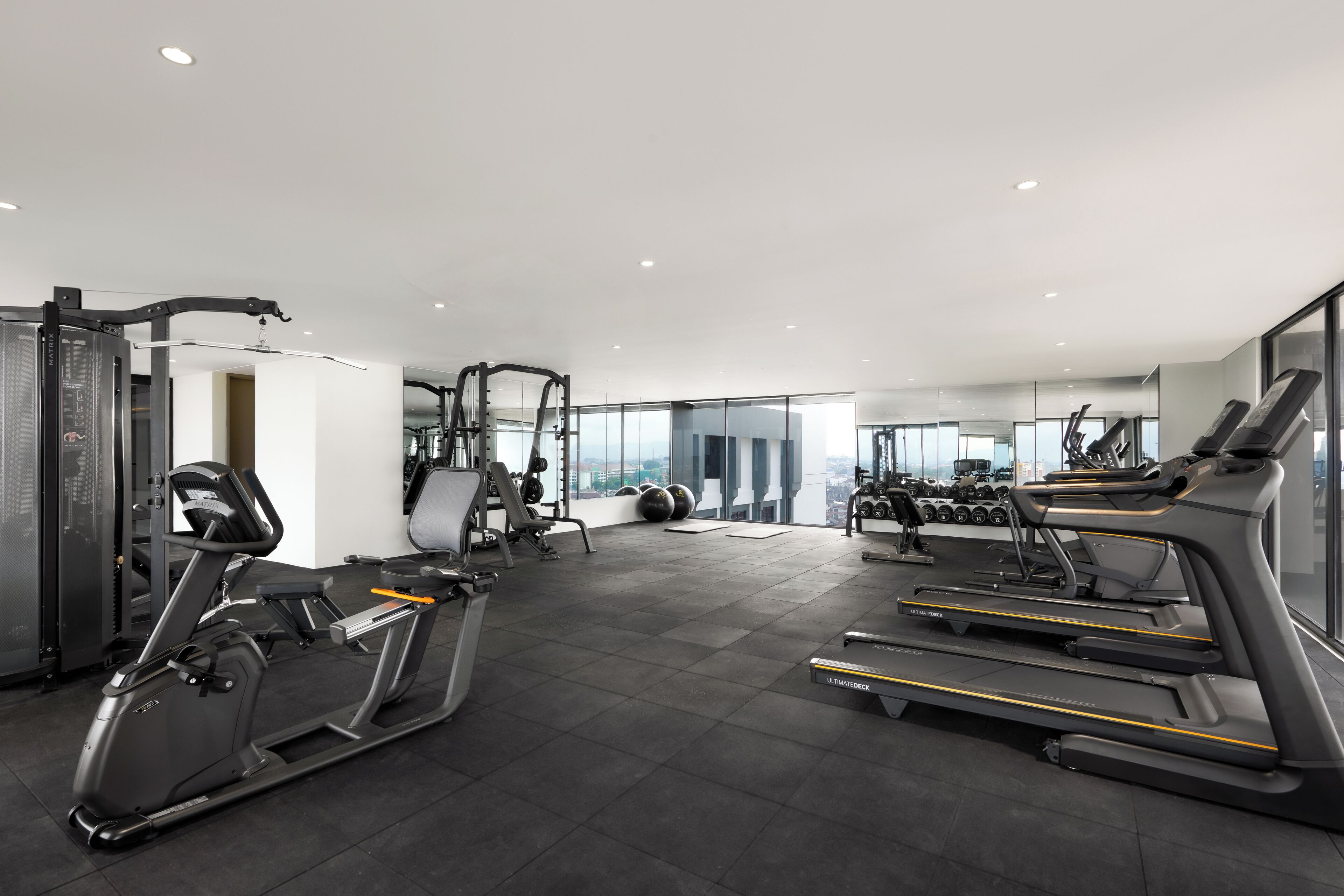 A modern gym with treadmills, weight machines, and free weights.