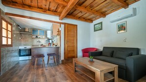 A compact living space with a kitchen, a dining area, and a seating area.