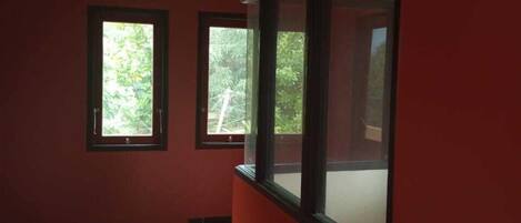 A hallway with two windows, wooden flooring, and a red wall.